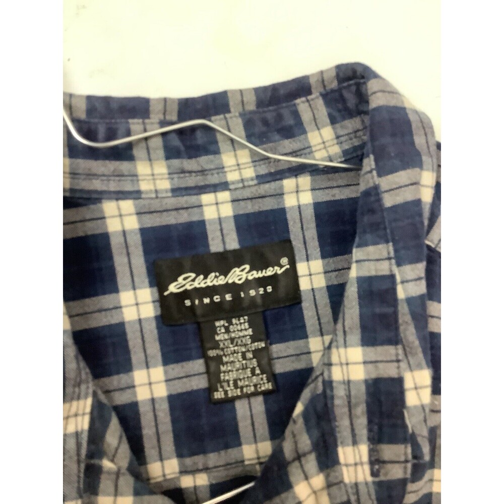 Eddie Bauer Mens XXL Button Down Cotton Long Sleeve Plaid Shirt Blue & Beige